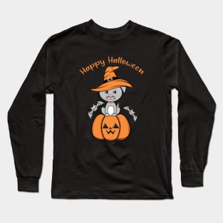 Happy Halloween Cute dog, Kawaii black dog with pumpkin Long Sleeve T-Shirt